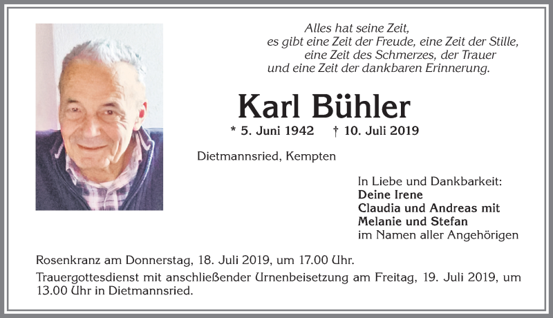  Traueranzeige für Karl Bühler vom 16.07.2019 aus Allgäuer Zeitung,Kempten