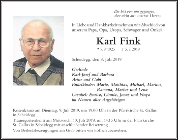 Traueranzeige von Karl Fink von Der Westallgäuer