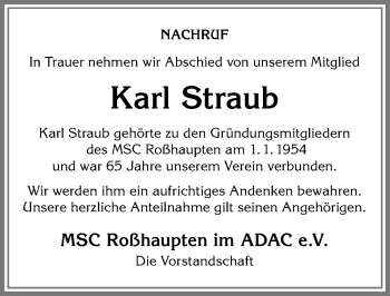 Traueranzeige von Karl Straub von Allgäuer Zeitung, Füssen