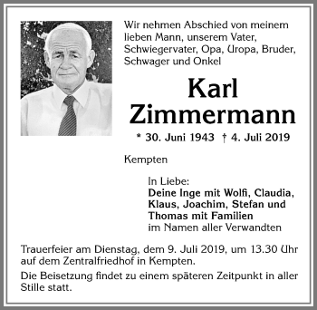 Traueranzeige von Karl Zimmermann von Allgäuer Zeitung,Kempten