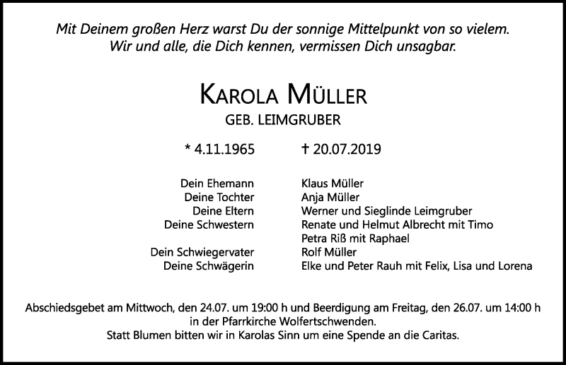  Traueranzeige für Karola Müller vom 24.07.2019 aus Memminger Zeitung