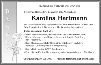 Traueranzeige von Karolina Hartmann von Allgäuer Zeitung, Marktoberdorf