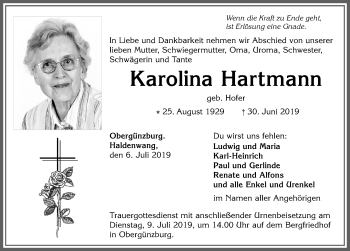 Traueranzeige von Karolina Hartmann von Allgäuer Zeitung