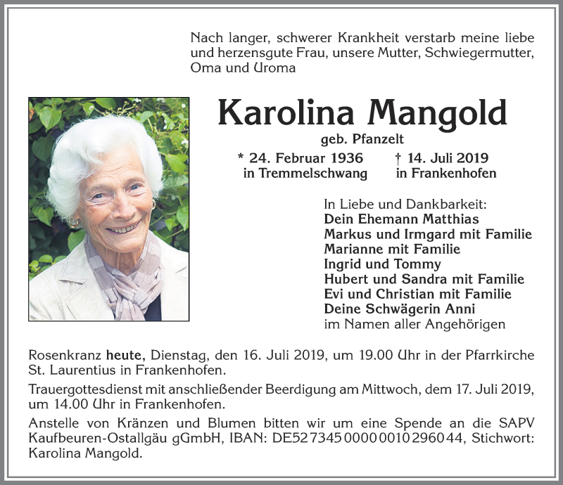  Traueranzeige für Karolina Mangold vom 16.07.2019 aus Allgäuer Zeitung, Kaufbeuren/Buchloe