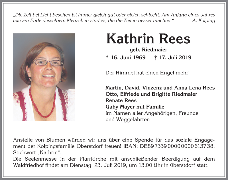  Traueranzeige für Kathrin Rees vom 20.07.2019 aus Allgäuer Anzeigeblatt