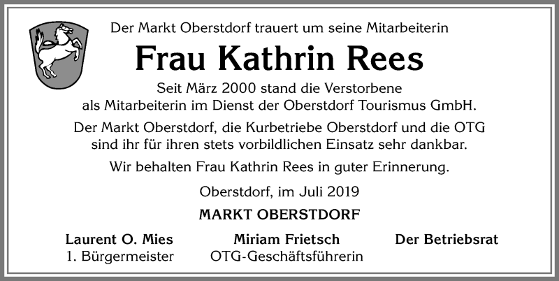  Traueranzeige für Kathrin Rees vom 20.07.2019 aus Allgäuer Anzeigeblatt