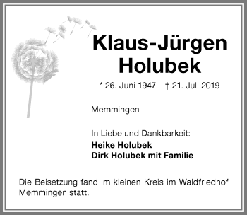Traueranzeige von Klaus-Jürgen Holubek von Memminger Zeitung