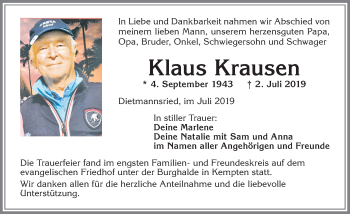 Traueranzeige von Klaus Krausen von Allgäuer Zeitung,Kempten
