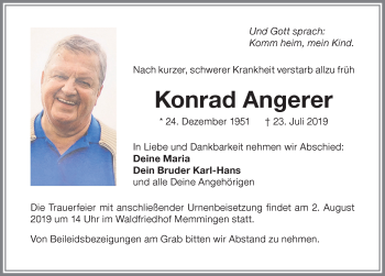 Traueranzeige von Konrad Angerer von Allgäuer Zeitung