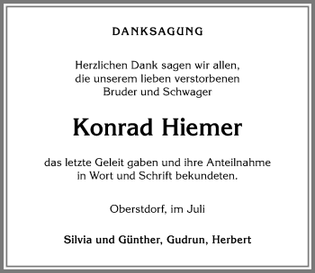 Traueranzeige von Konrad Hiemer von Allgäuer Anzeigeblatt