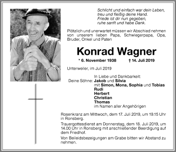 Traueranzeige von Konrad Wagner von Allgäuer Zeitung, Marktoberdorf