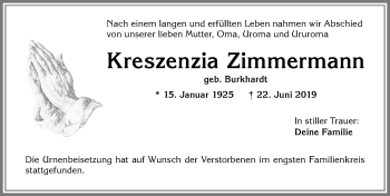 Traueranzeige von Kreszenzia Zimmermann von Allgäuer Zeitung, Kaufbeuren/Buchloe