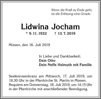 Traueranzeige von Lidwina Jocham von Allgäuer Anzeigeblatt