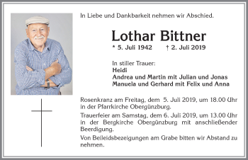 Traueranzeige von Lothar Bittner von Allgäuer Zeitung, Marktoberdorf