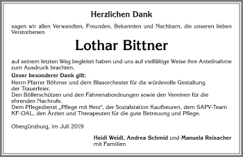 Traueranzeige von Lothar Bittner von Allgäuer Zeitung, Marktoberdorf