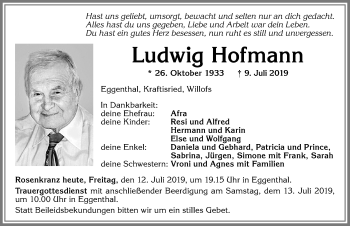 Traueranzeige von Ludwig Hofmann von Allgäuer Zeitung, Kaufbeuren/Buchloe