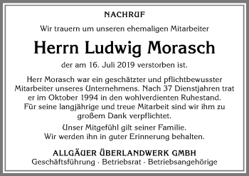 Traueranzeige von Ludwig Morasch von Allgäuer Zeitung,Kempten