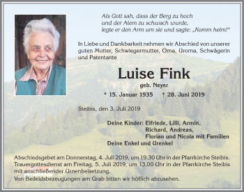 Traueranzeige von Luise Fink von Allgäuer Anzeigeblatt