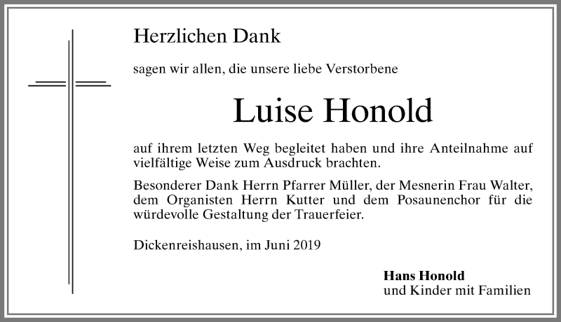  Traueranzeige für Luise Honold vom 08.07.2019 aus Memminger Zeitung