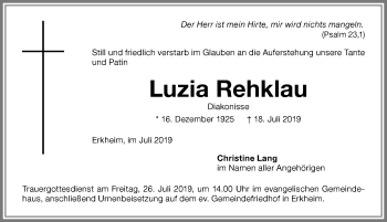 Traueranzeige von Luzia Rehklau von Memminger Zeitung