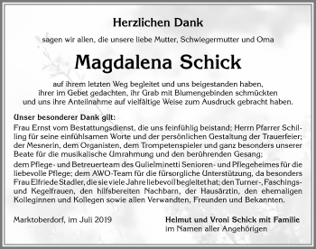 Traueranzeige von Magdalena Schick von Allgäuer Zeitung