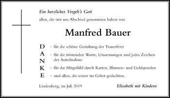 Traueranzeige von Manfred Bauer von Der Westallgäuer