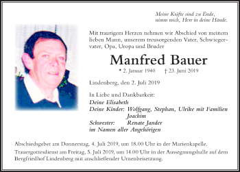 Traueranzeige von Manfred Bauer von Der Westallgäuer