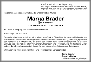 Traueranzeige von Marga Brader von Memminger Zeitung