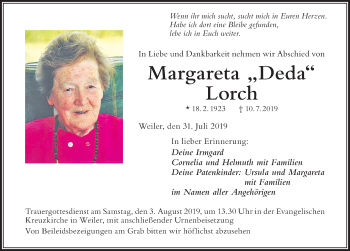 Traueranzeige von Margareta Lorch von Der Westallgäuer