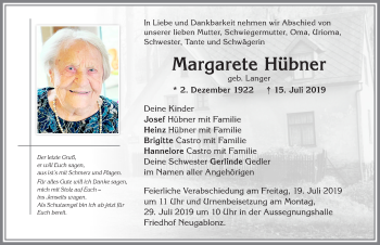 Traueranzeige von Margarete Hübner von Allgäuer Zeitung, Kaufbeuren/Buchloe