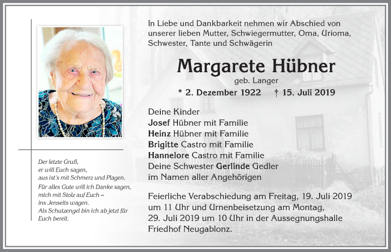  Traueranzeige für Margarete Hübner vom 17.07.2019 aus Allgäuer Zeitung, Kaufbeuren/Buchloe