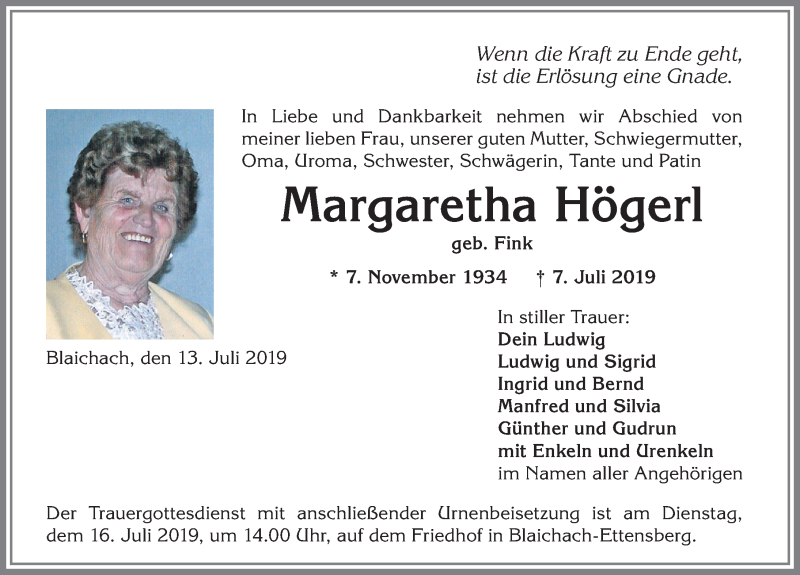  Traueranzeige für Margaretha Högerl vom 13.07.2019 aus Allgäuer Anzeigeblatt
