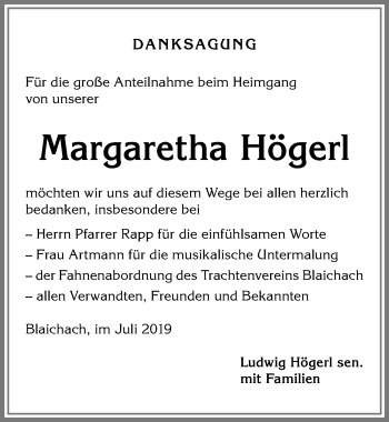 Traueranzeige von Margaretha Högerl von Allgäuer Anzeigeblatt