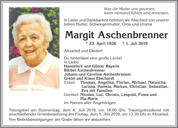 Traueranzeige von Margit Aschenbrenner von Allgäuer Zeitung,Kempten