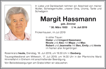 Traueranzeige von Margit Hassmann von Memminger Zeitung