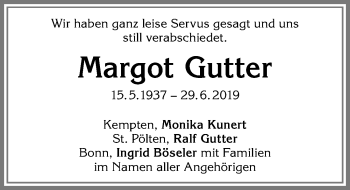 Traueranzeige von Margot Gutter von Allgäuer Zeitung,Kempten