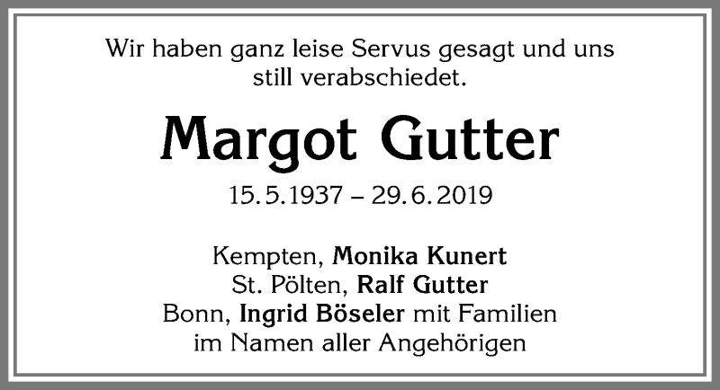  Traueranzeige für Margot Gutter vom 06.07.2019 aus Allgäuer Zeitung,Kempten