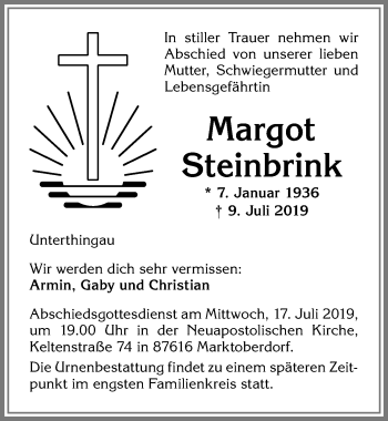 Traueranzeige von Margot Steinbrink von Allgäuer Zeitung