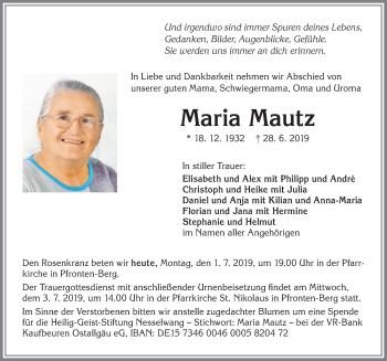 Traueranzeige von Maria Mautz von Allgäuer Zeitung, Füssen