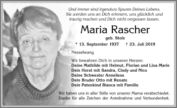 Traueranzeige von Maria Rascher von Allgäuer Zeitung, Füssen