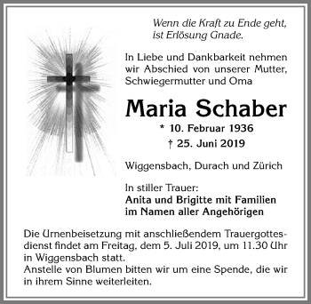 Traueranzeige von Maria Schaber von Allgäuer Zeitung,Kempten