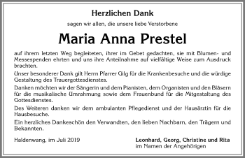 Traueranzeige von Maria Anna Prestel von Allgäuer Zeitung,Kempten