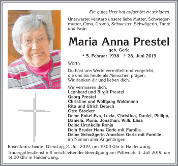 Traueranzeige von Maria Anna Prestel von Allgäuer Zeitung,Kempten