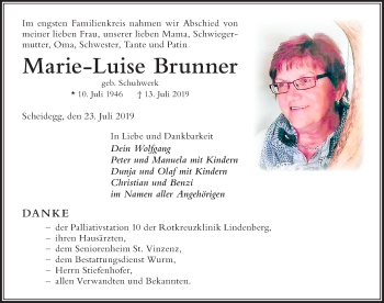 Traueranzeige von Marie-Luise Brunner von Der Westallgäuer