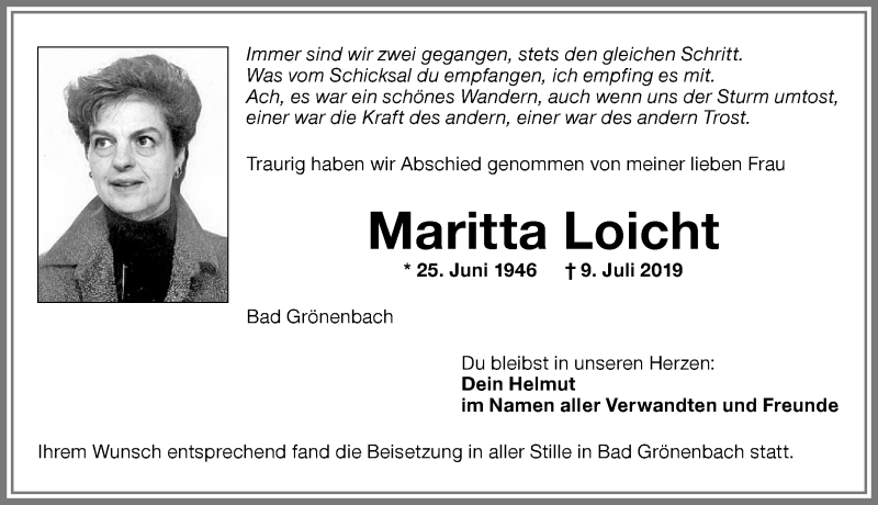  Traueranzeige für Maritta Loicht vom 17.07.2019 aus Memminger Zeitung