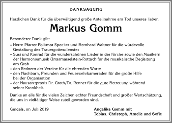 Traueranzeige von Markus Gomm von Allgäuer Anzeigeblatt