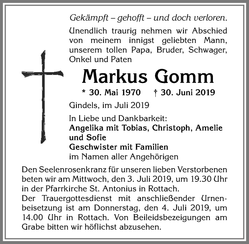  Traueranzeige für Markus Gomm vom 02.07.2019 aus Allgäuer Zeitung