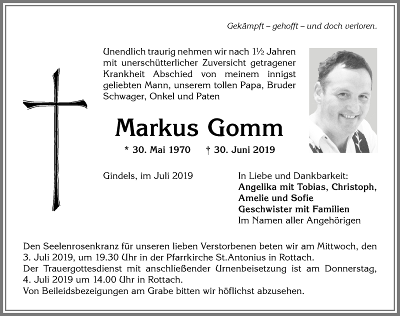  Traueranzeige für Markus Gomm vom 02.07.2019 aus Allgäuer Anzeigeblatt