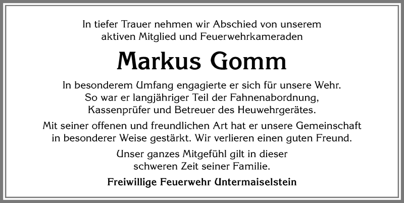  Traueranzeige für Markus Gomm vom 03.07.2019 aus Allgäuer Anzeigeblatt
