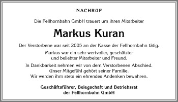 Traueranzeige von Markus Kuran von Allgäuer Anzeigeblatt